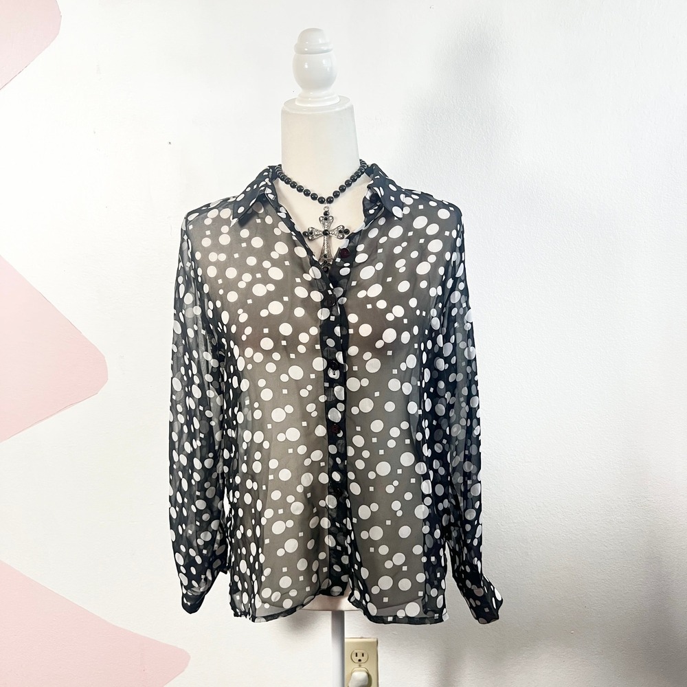 VTG Y2k Polka Dot Sheer Button Down Blouse Top Black Clowncore‎